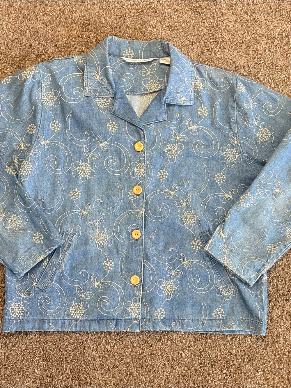 Vintage Light Blue Denim Floral Embroidered Button-Front Jacket